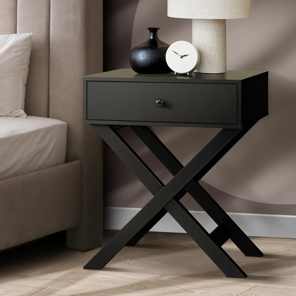 NNEED Bedside Table Wooden Frame Cross Base Black