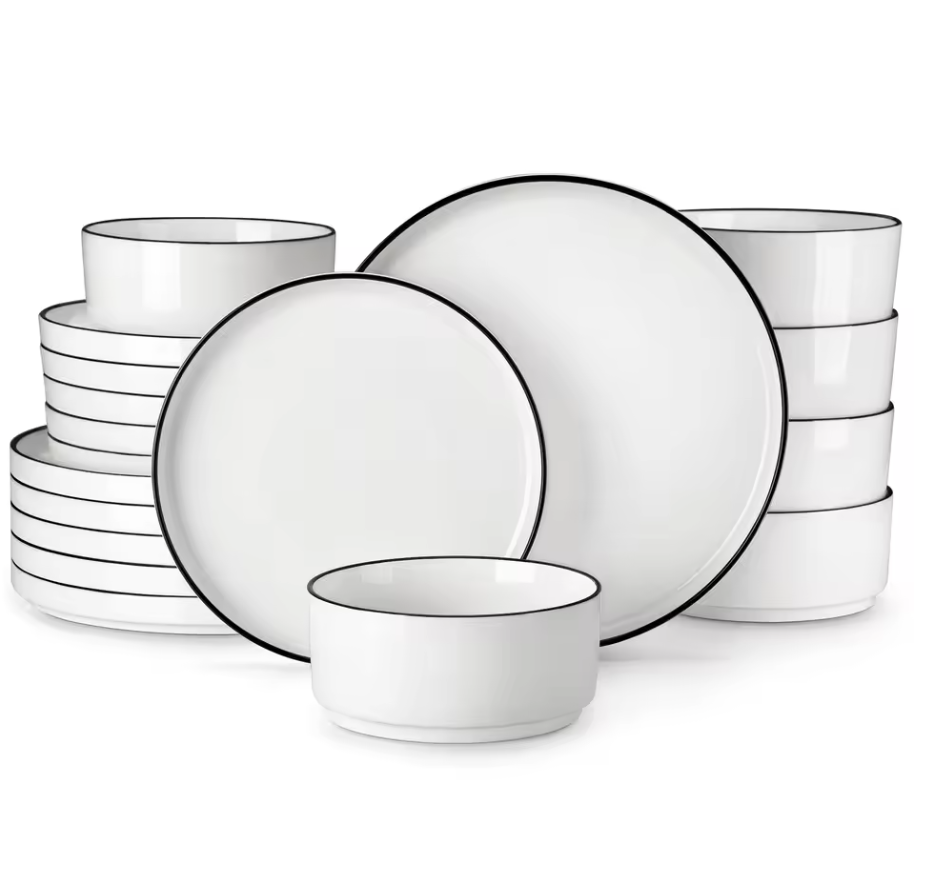 Dinner Setting - Malacasa in White With Black Trim- Serves 4 (16 Pieces)