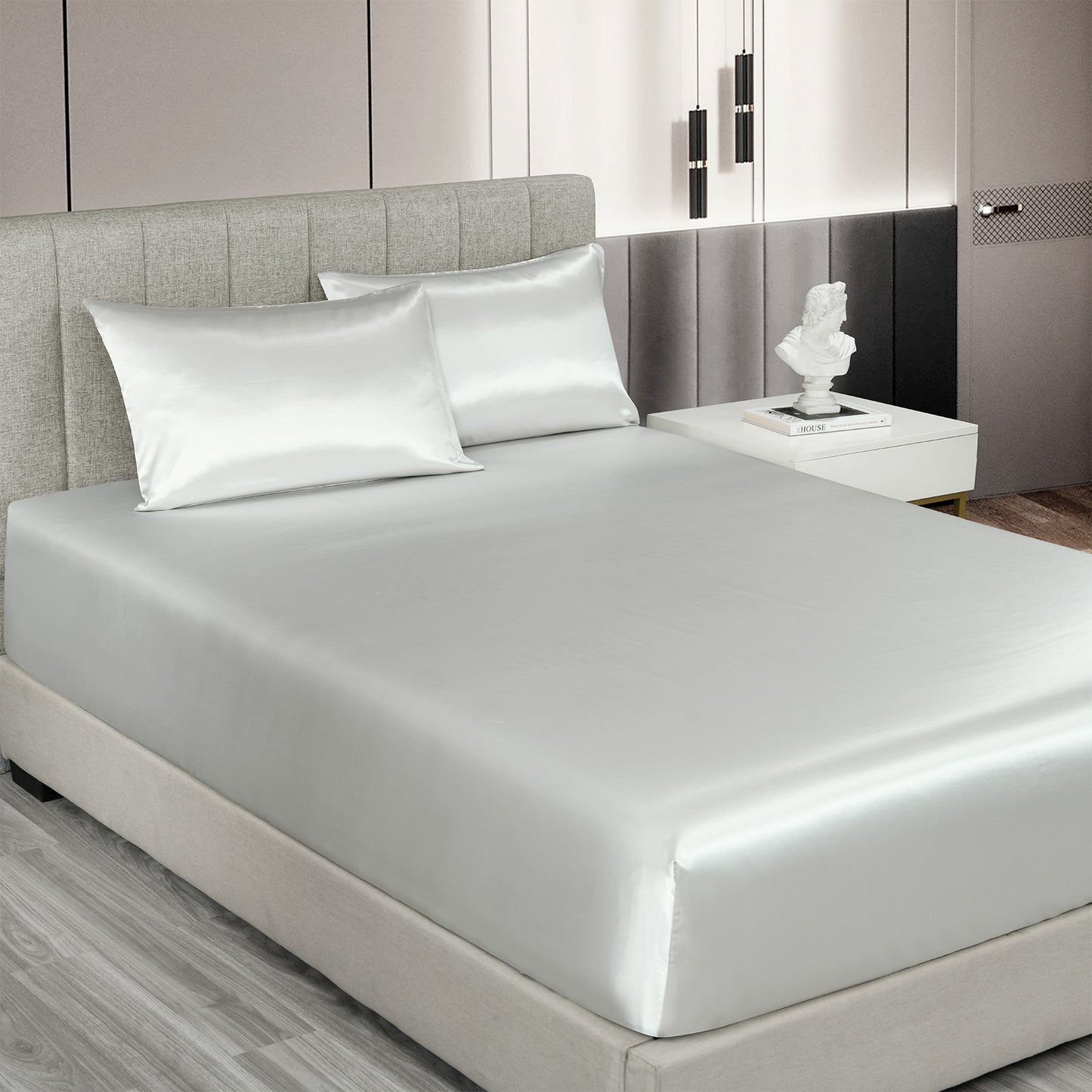 Royal Comfort Satin Sheet Set 3 Piece Fitted Sheet Pillowcase Soft - King - Silver