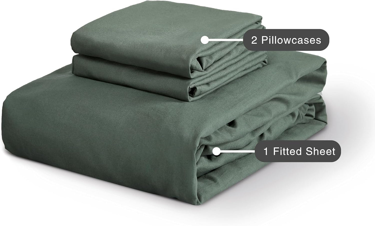 100% Vintage Washed Microfibre Fitted Sheet Set – Ultra Soft & Lightweight All-Season Fitted Sheet with 2 Pillowcases (Khaki Green, Double Size)