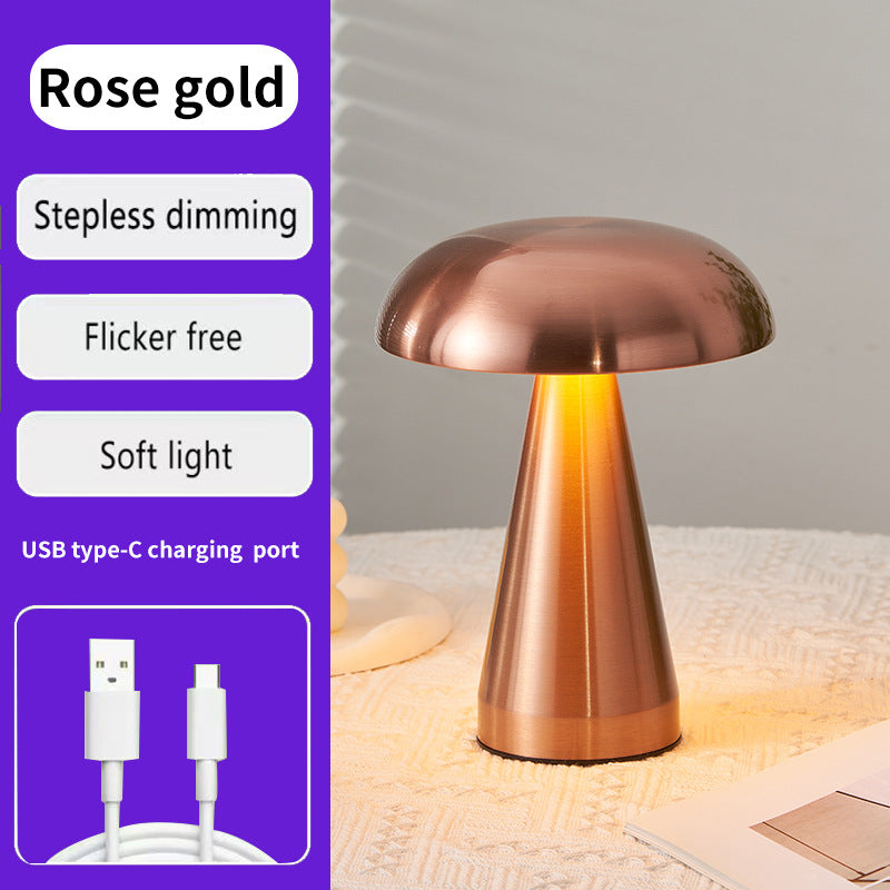 Rose Gold Metal Mushroom Table Lamp - Rechargeable Touch Control Ambient Light with Remote