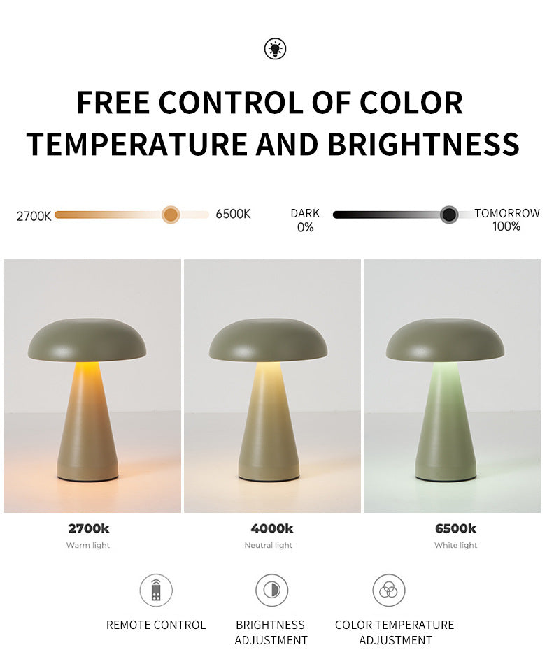 Rose Gold Metal Mushroom Table Lamp - Rechargeable Touch Control Ambient Light with Remote