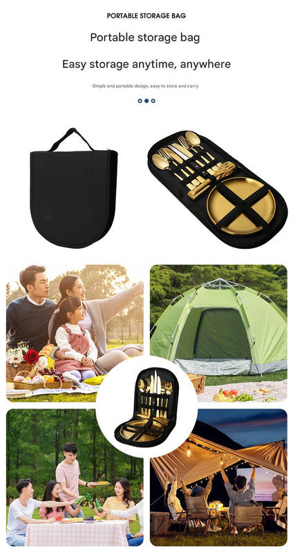 6-Piece Portable Stainless Steel Cutlery Set with Plate and Bag - Gold, Great for Camping and Travel (Chopsticks)