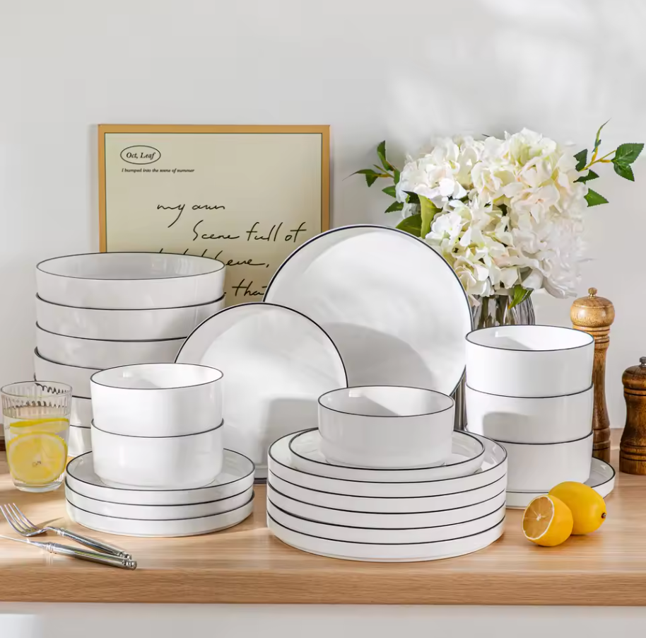 Dinner Setting - Malacasa in White With Black Trim- Serves 4 (16 Pieces)