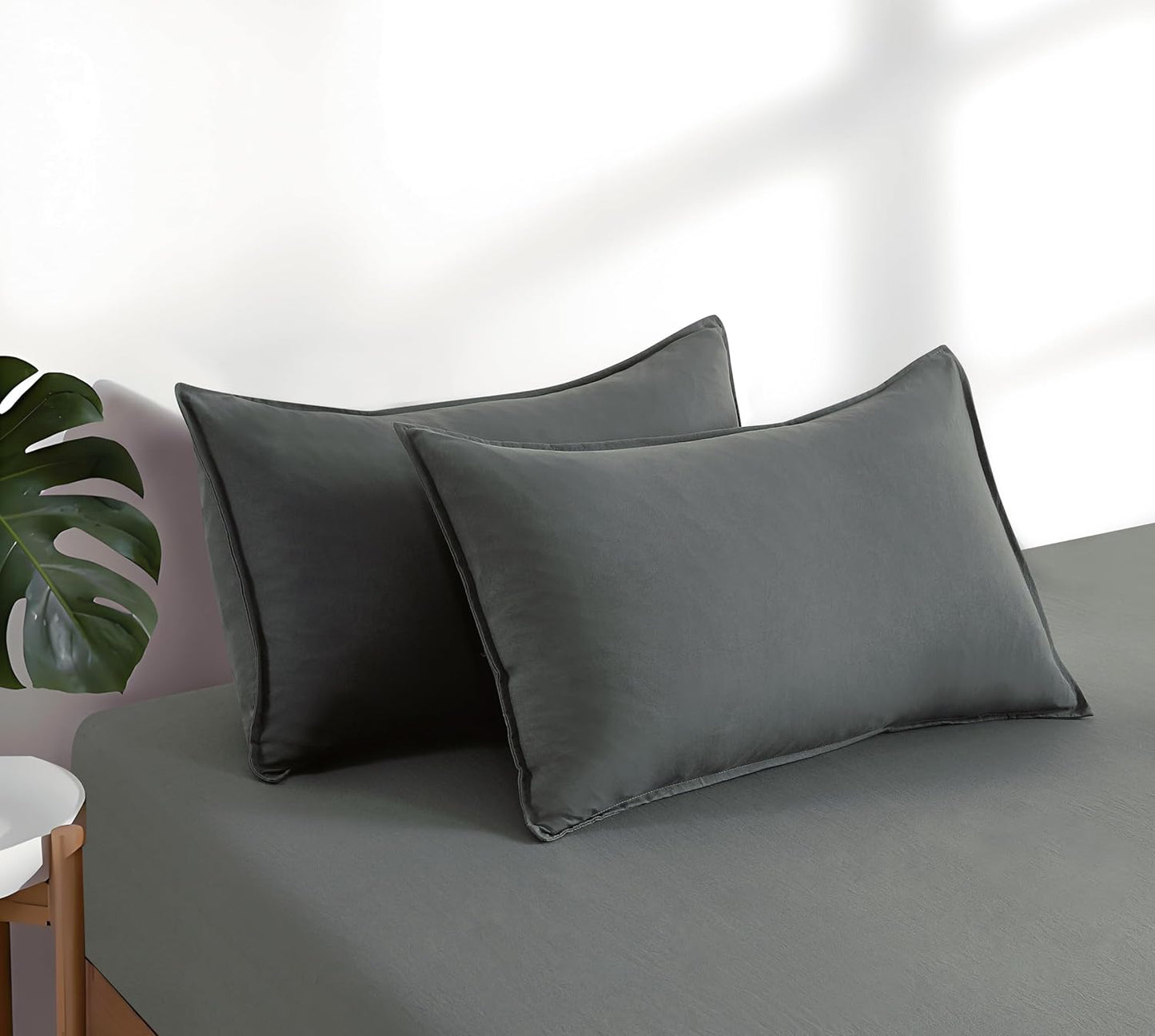 100% Vintage Washed Microfibre Fitted Sheet Set – Ultra Soft & Lightweight All-Season Fitted Sheet with 1 Pillowcase (Grey, Single Size)