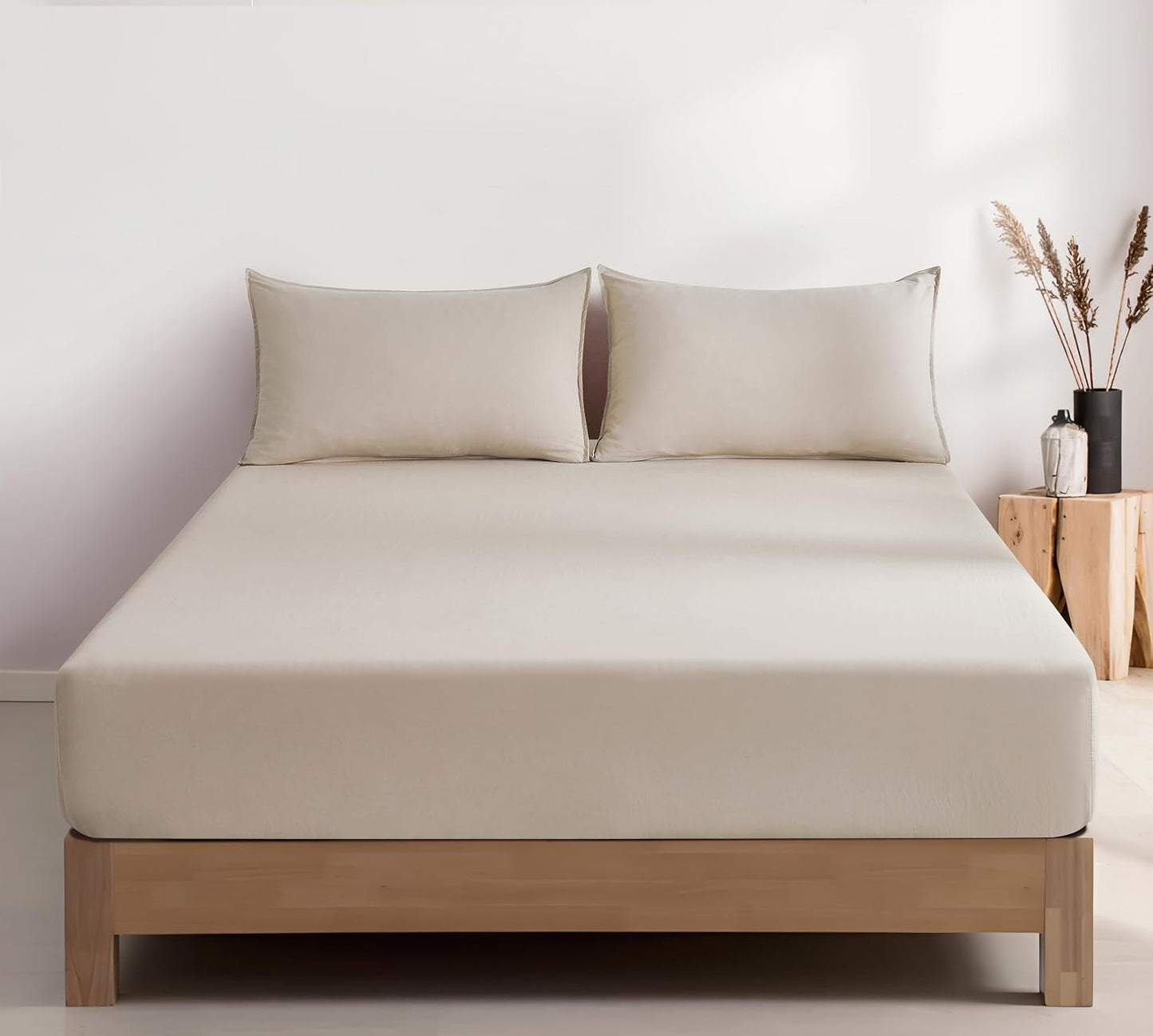 100% Vintage Washed Microfibre Fitted Sheet Set – Ultra Soft & Lightweight All-Season Fitted Sheet with 1 Pillowcase (Linen, Single Size)
