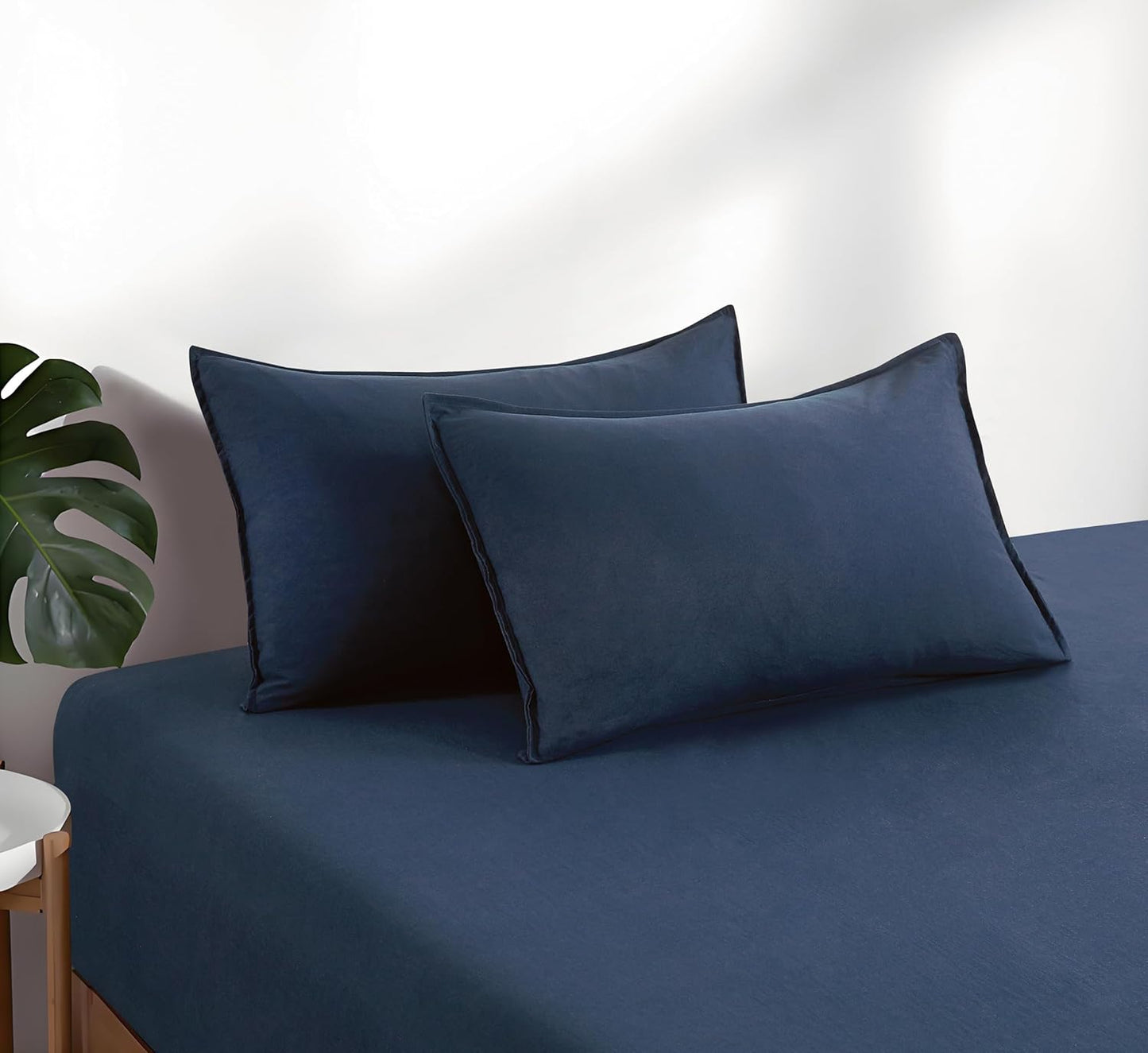 100% Vintage Washed Microfibre Fitted Sheet Set – Ultra Soft & Lightweight All-Season Fitted Sheet with 1 Pillowcase (Navy Blue, Single Size)