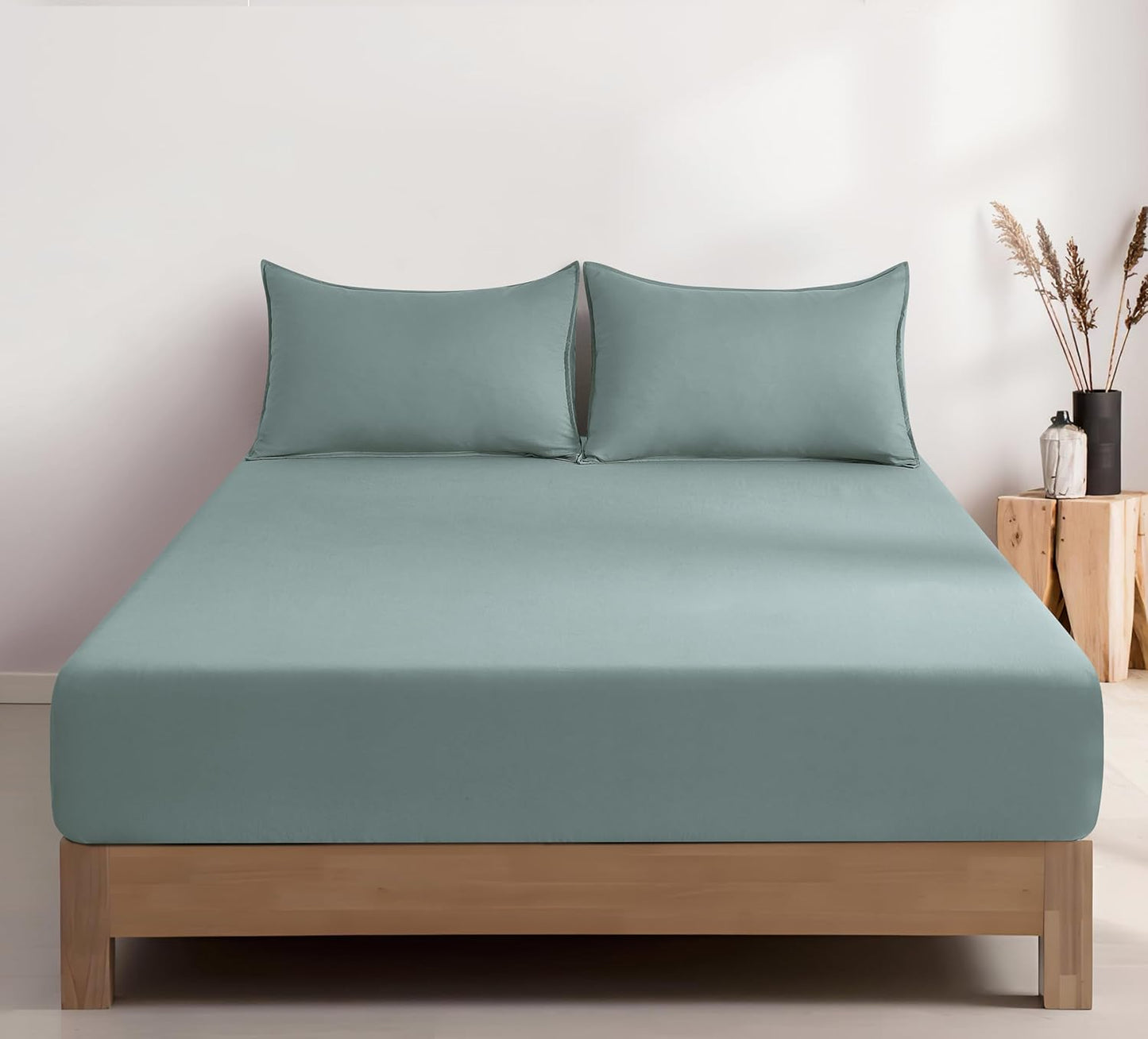 100% Vintage Washed Microfibre Fitted Sheet Set – Ultra Soft & Lightweight All-Season Fitted Sheet with 1 Pillowcase (Seafoam, Single Size)