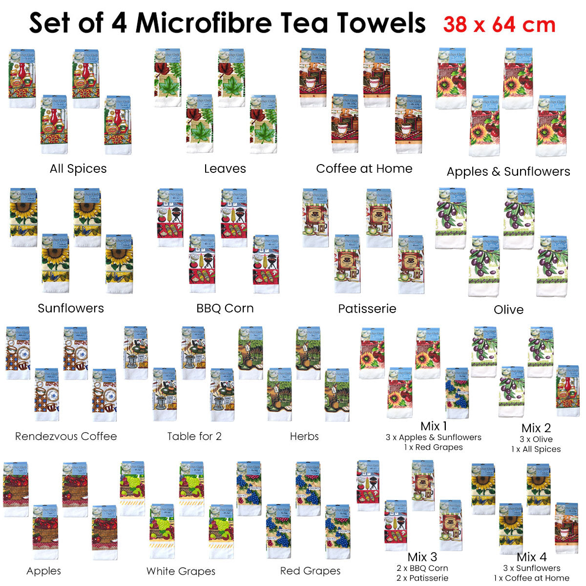 Set of 4 Microfibre Printed Tea Towels BBQ Corn