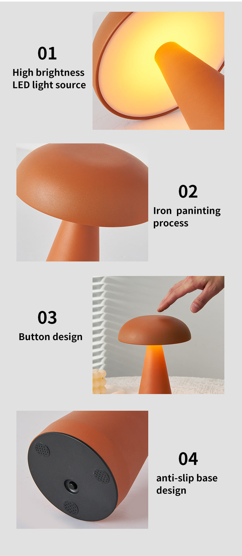 Rose Gold Metal Mushroom Table Lamp - Rechargeable Touch Control Ambient Light with Remote