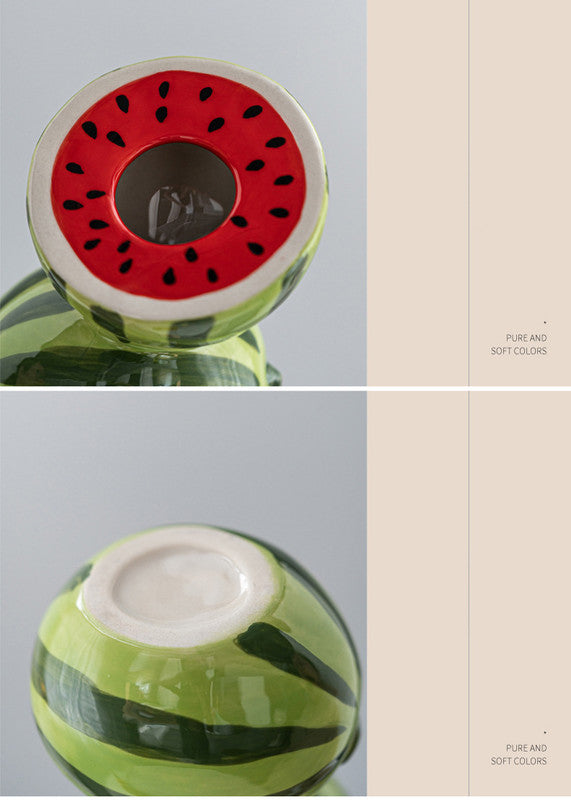 Green and Red Whimsical Stacked Watermelon Ceramic Vase - Novelty Tabletop Decor