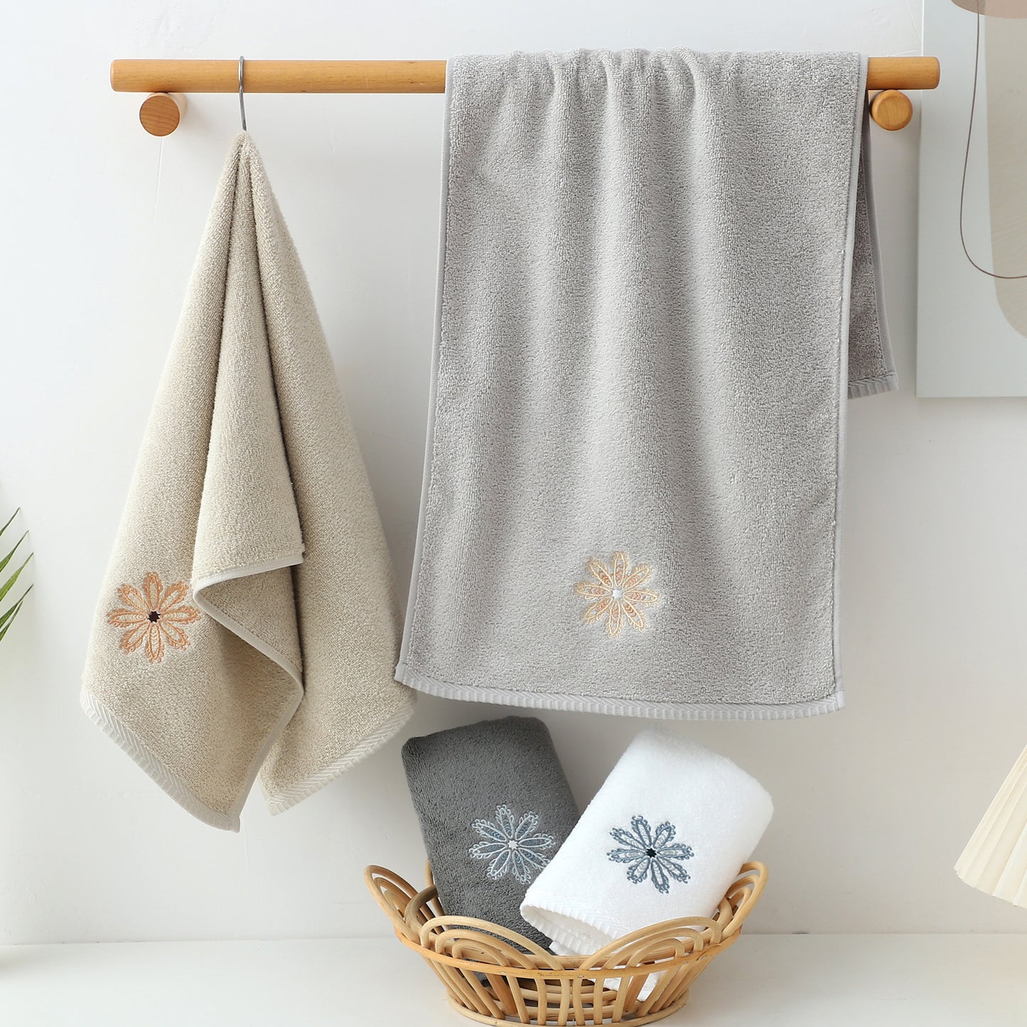 Dark Grey 4-Pack Elegant Blue Floral Embroidered Cotton Hand Towels - Ultra Soft & Absorbent