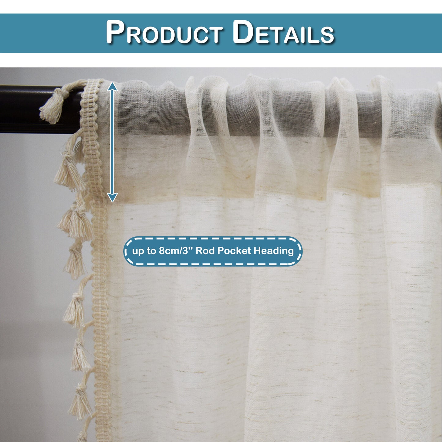 Cotton Linen Curtains Boho Cream Semi Sheer Window Drapes Tassel Slot Top Panels