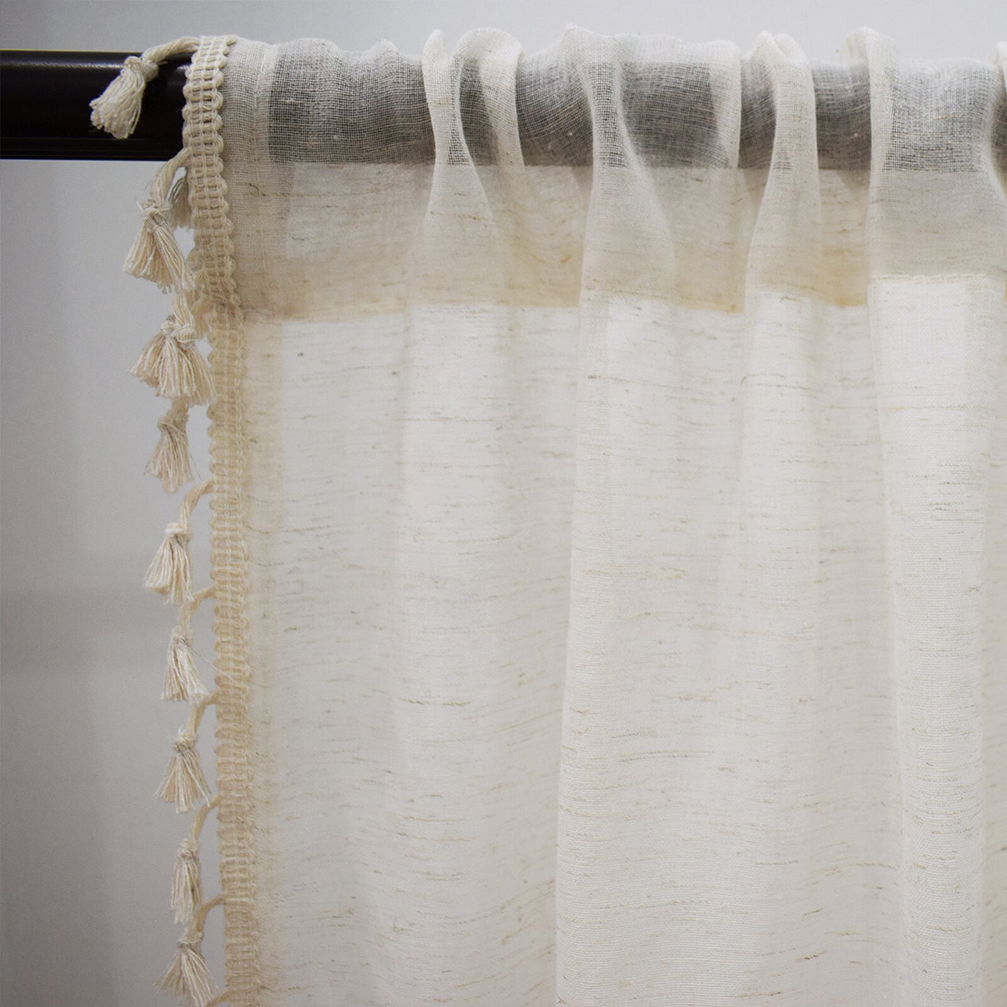 Cotton Linen Curtains Boho Cream Semi Sheer Window Drapes Tassel Slot Top Panels