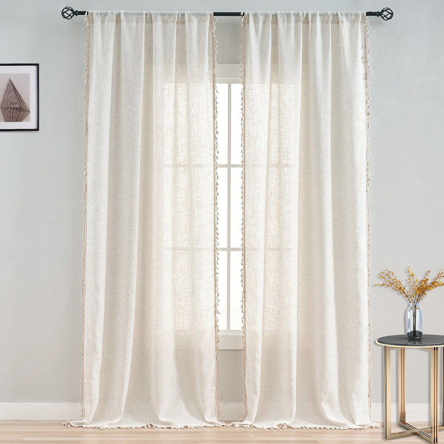Cotton Linen Curtains Boho Cream Semi Sheer Window Drapes Tassel Slot Top Panels