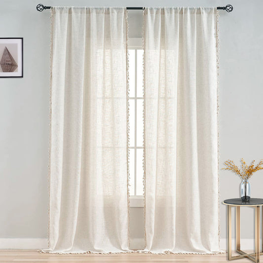 Cotton Linen Curtains Boho Cream Semi Sheer Window Drapes Tassel Slot Top Panels