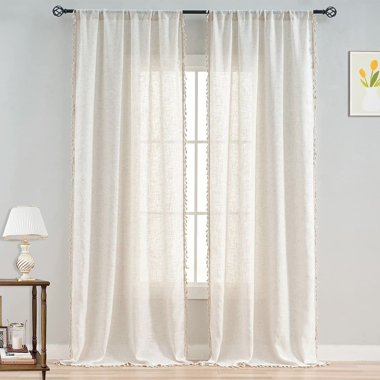 Cotton Linen Curtains Boho Cream Semi Sheer Window Drapes Tassel Slot Top Panels