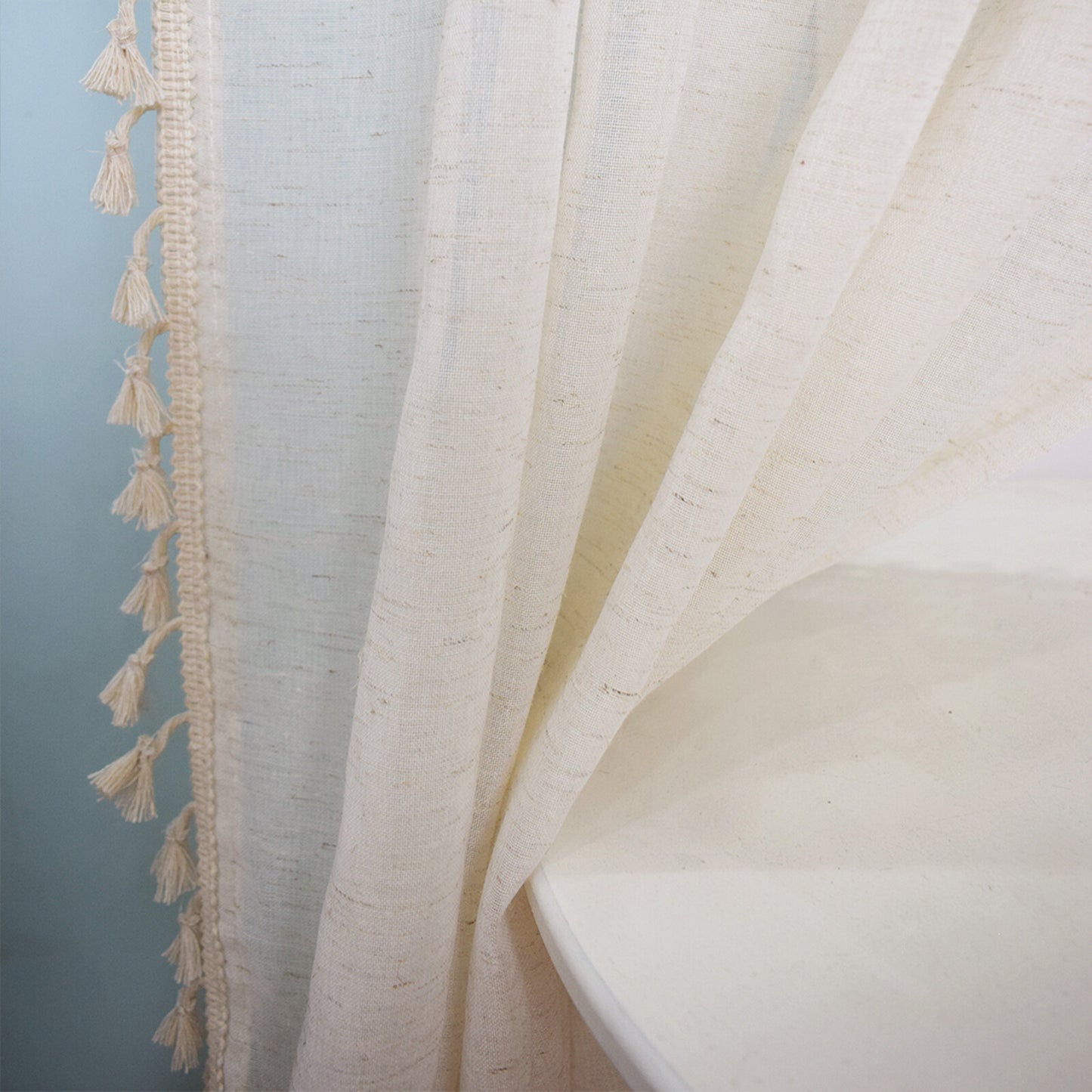Cotton Linen Curtains Boho Cream Semi Sheer Window Drapes Tassel Slot Top Panels